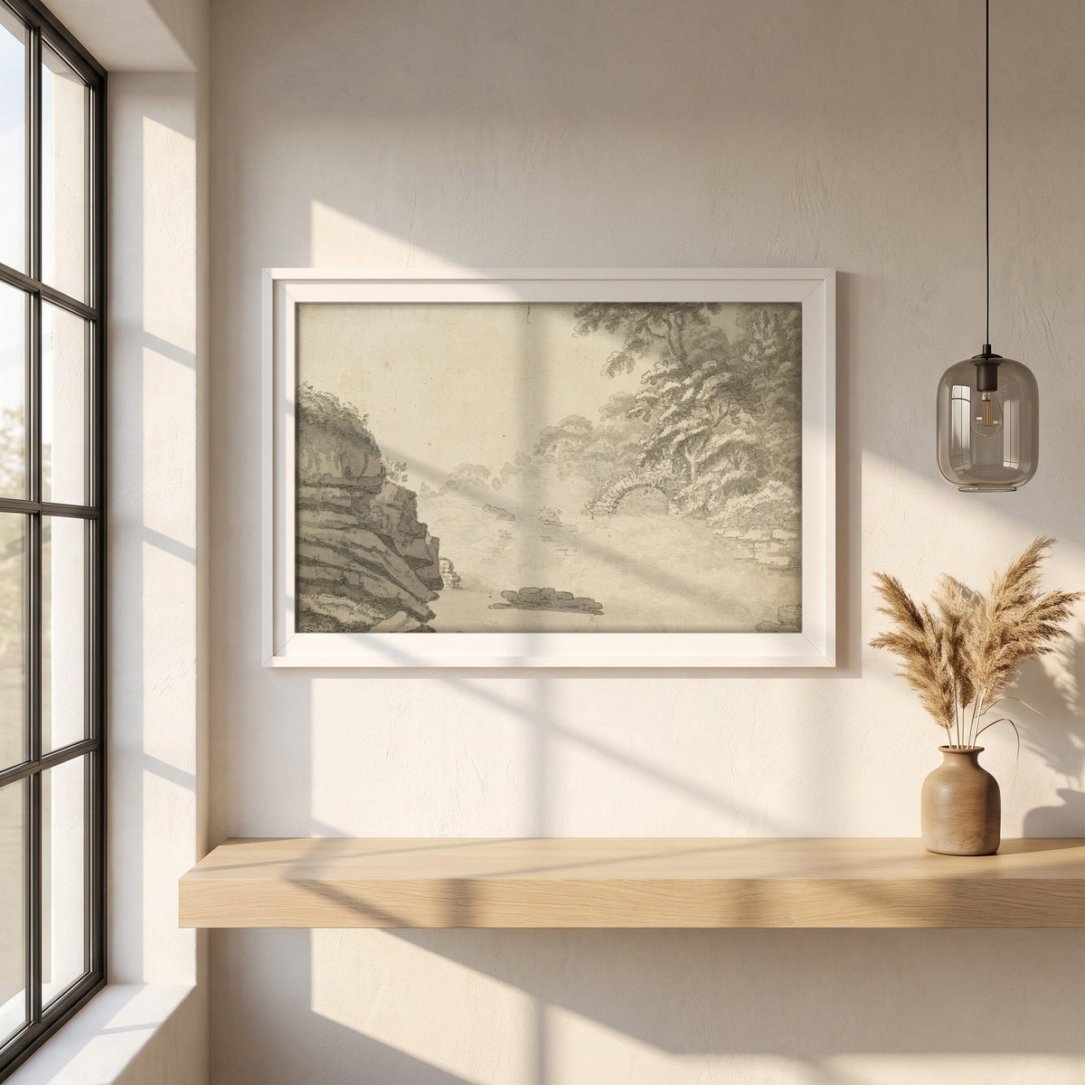 The Salmon Leap, Leixlip framed print in a white frame on a plaster wall above an oak worktop in a bright Scandinavian kitchen