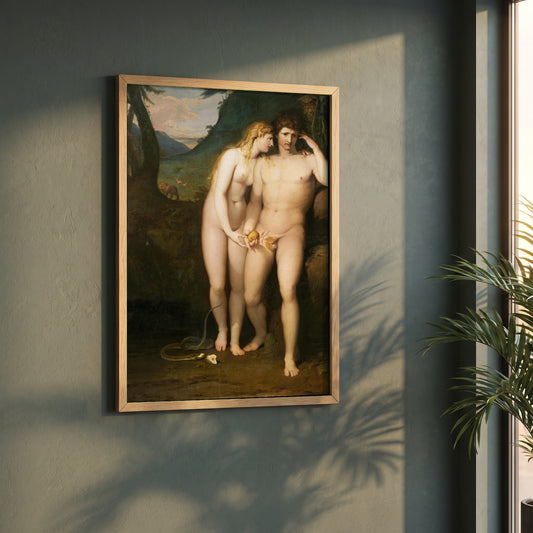 The Temptation of Adam framed print in a natural oak frame on a dark green wall beside a window, dappled plant shadow