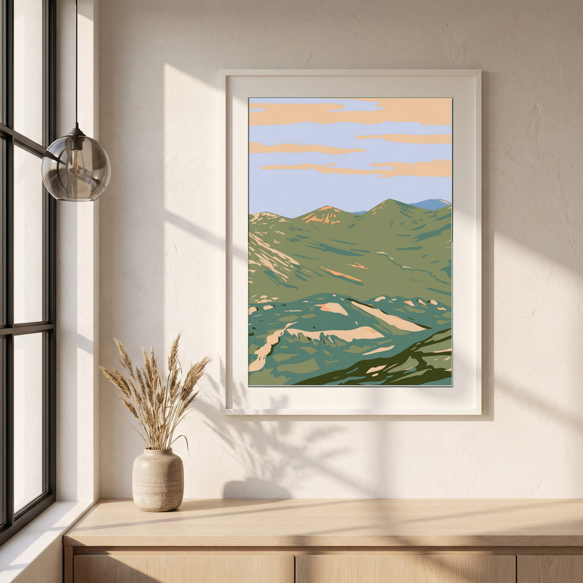 Twelve Bens Connemara National Park Galway Ireland framed print in a white frame on a plaster wall above an oak worktop in a bright Scandinavian kitchen