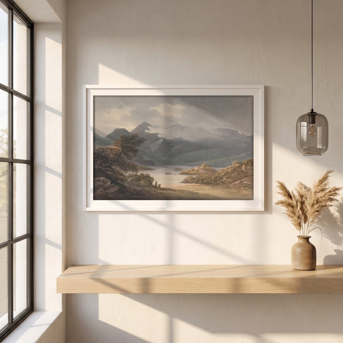 View on the Upper Lake, Killarney framed print in a white frame on a plaster wall above an oak worktop in a bright Scandinavian kitchen
