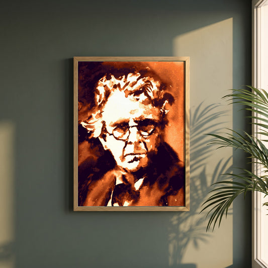 William Butler Yeats Irish Writer framed print in a natural oak frame on a dark green wall beside a window, dappled plant shadow