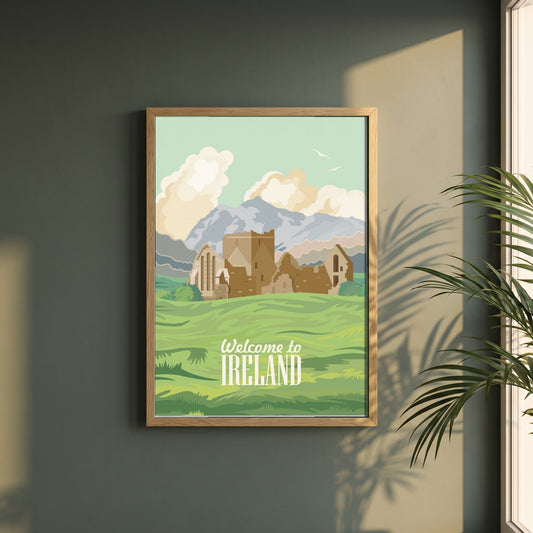Welcome to Ireland Poster Print | Vintage Irish Travel framed print in a natural oak frame on a dark green wall beside a window, dappled plant shadow