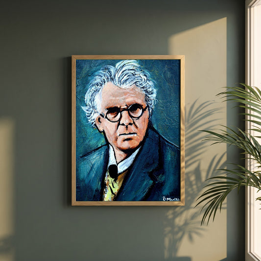 W.B. Yeats framed print in a natural oak frame on a dark green wall beside a window, dappled plant shadow