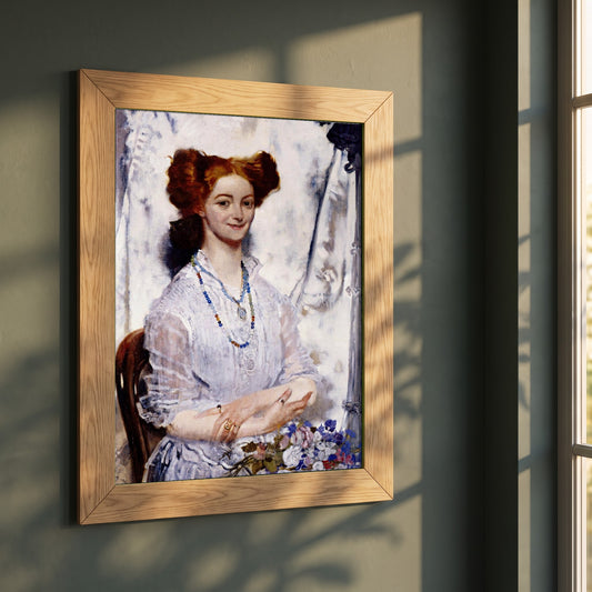 Young Ireland framed print in a natural oak frame on a dark green wall beside a window, dappled plant shadow