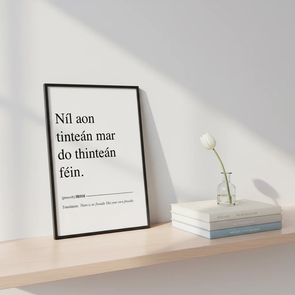 Níl aon tinteán mar do thinteán féin Irish proverb print in a black frame on a shelf