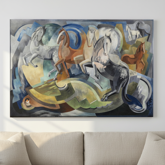Achill Horses by Mainie Jellett as a canvas print hanging in a living room