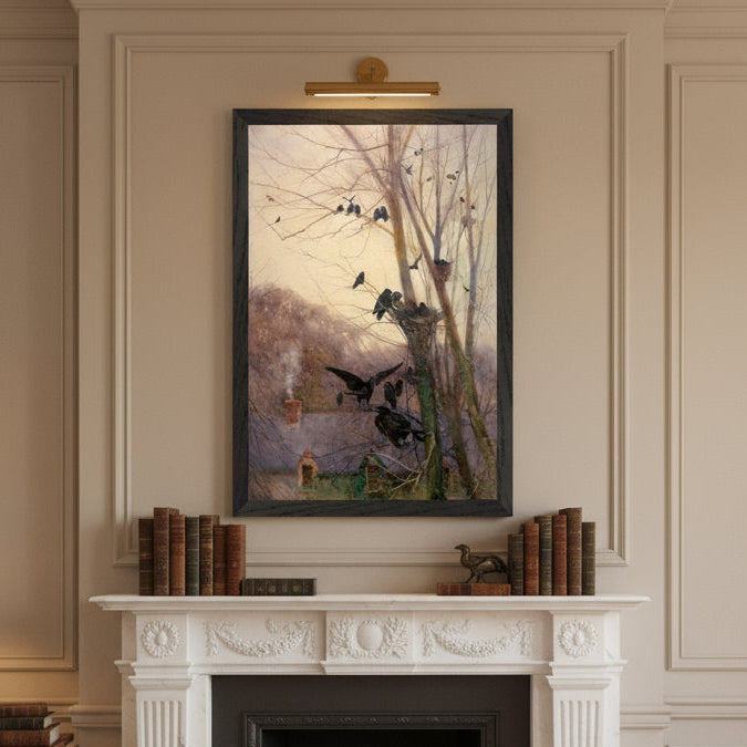 Shades of Evening by Mildred Anne Butler in a black frame above a fireplace