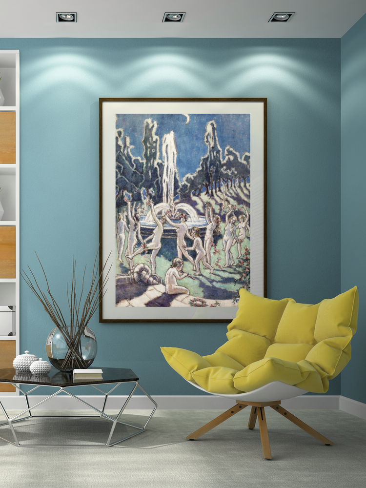 Nudes Dancing Round a Fountain by Moonlight Black Framed Art Print by Irish Abstract Artist Mainie Jellett