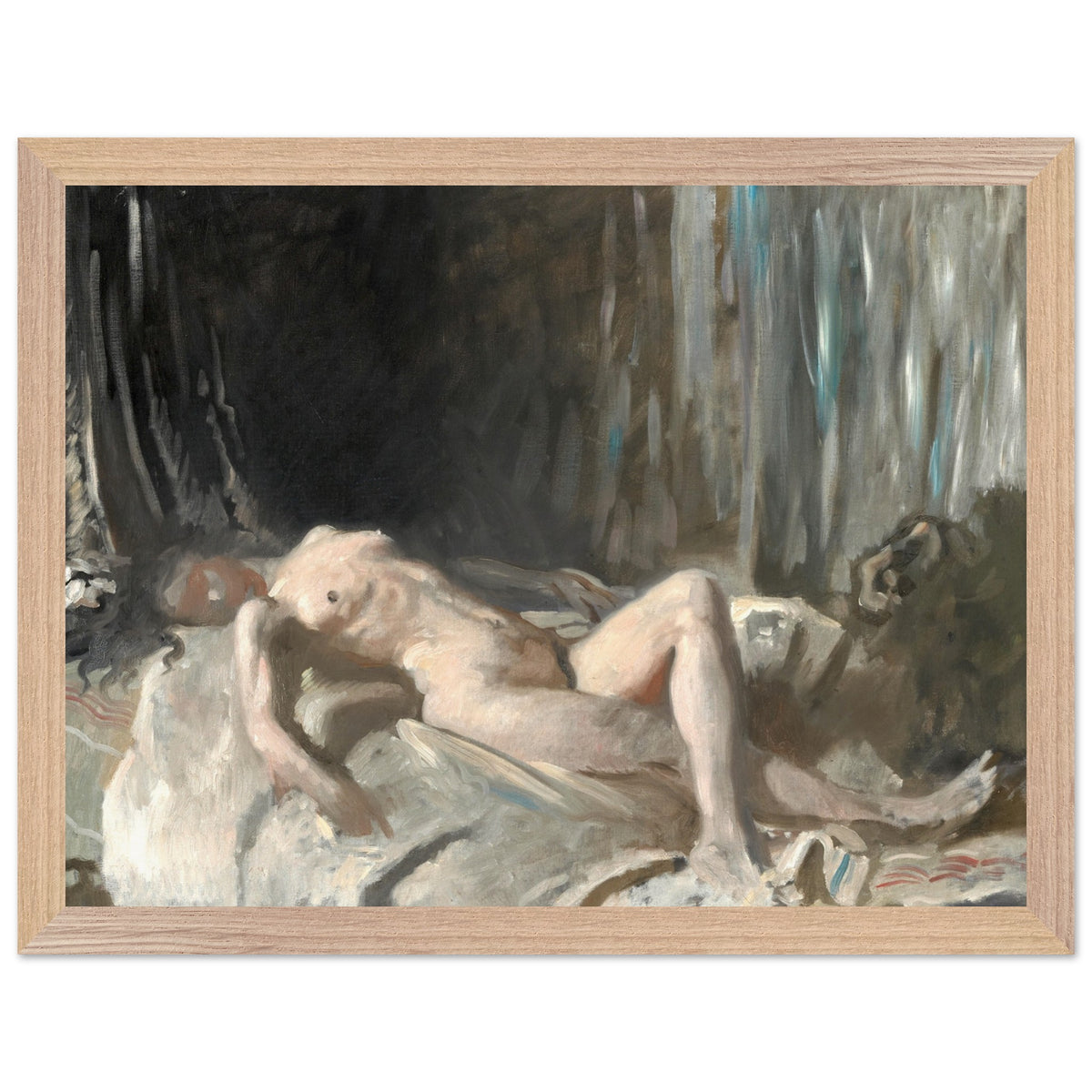 Oak-framed print of a reclining female nude by Irish artist William Orpen