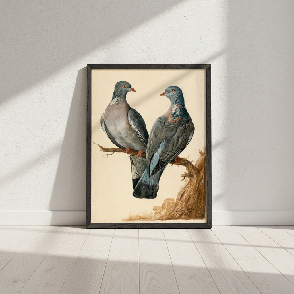 Two Wood Pigeons by Charles Collins in a black frame leaning against a wall in a bright empty room