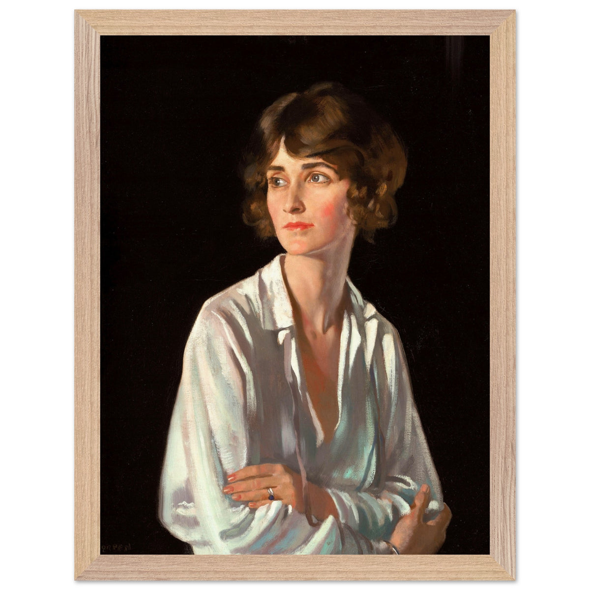Portrait of Lady Marriott by William Orpen print in a light oak frame