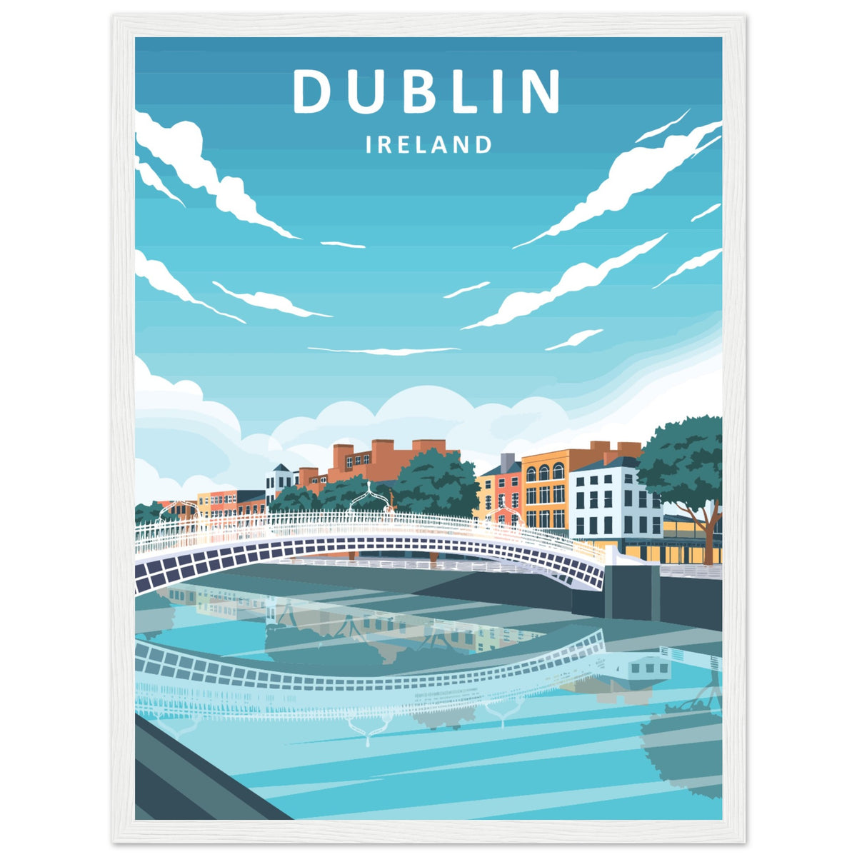 Dublin retro travel poster, footbridge and colourful quays, in a white frame, smaller size option