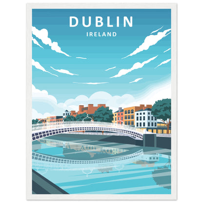 Dublin retro travel poster, footbridge and colourful quays, in a white frame, smaller size option