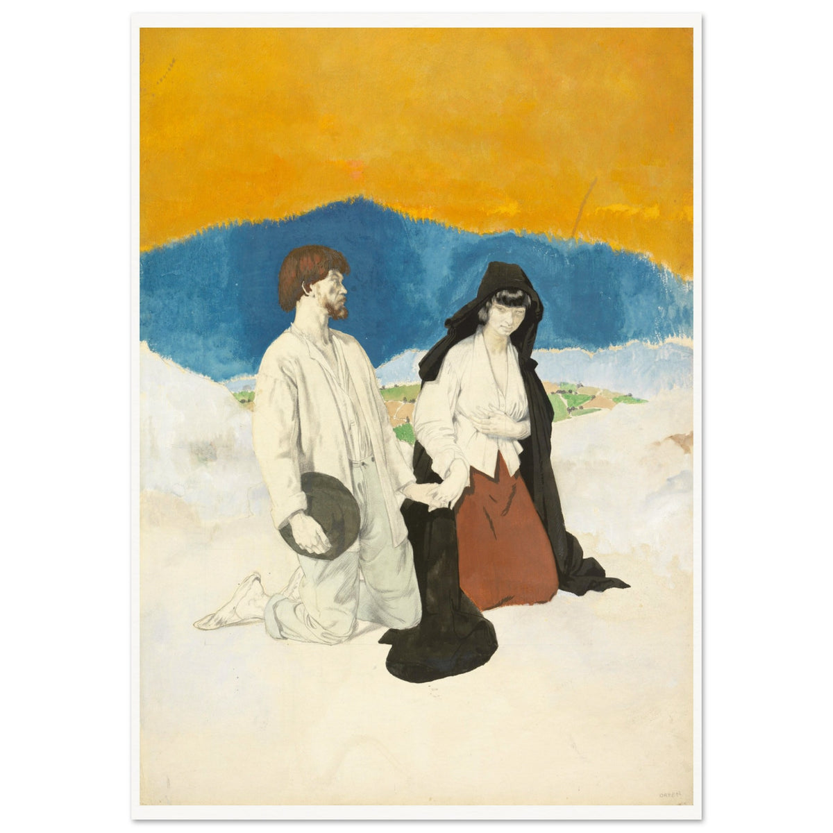 William Orpen drawing and painting of an Irish wedding couple, unframed print on white