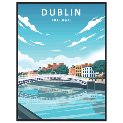 Dublin retro travel poster, footbridge and colourful quays, in a black frame