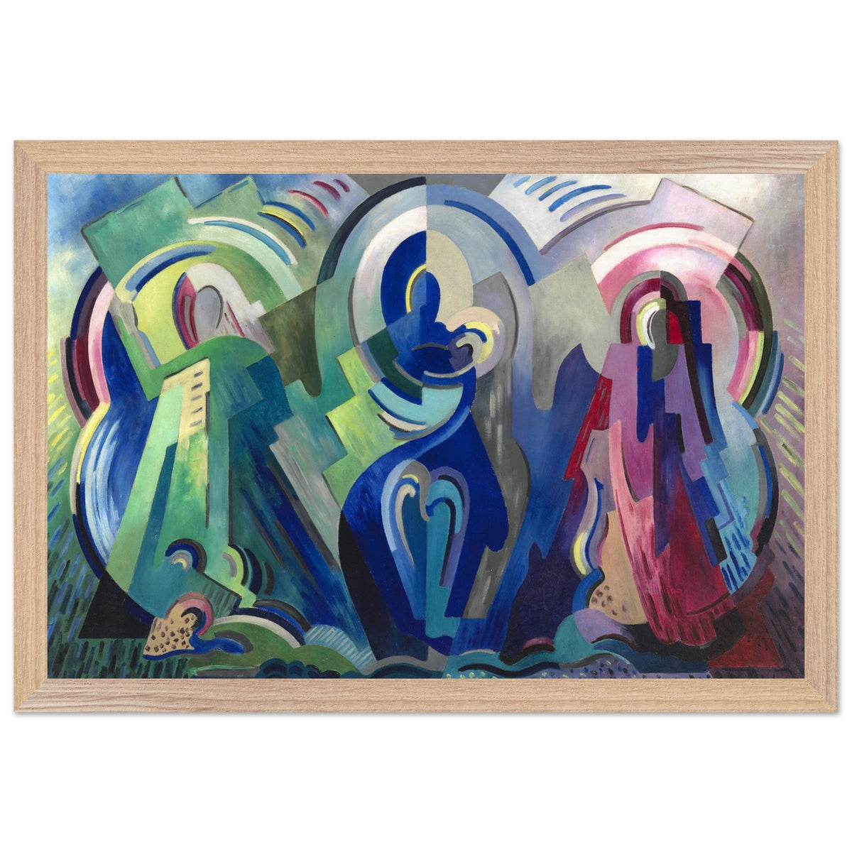 The Virgin of Éire by Mainie Jellett in a natural wood frame, front view of the Irish modernist painting