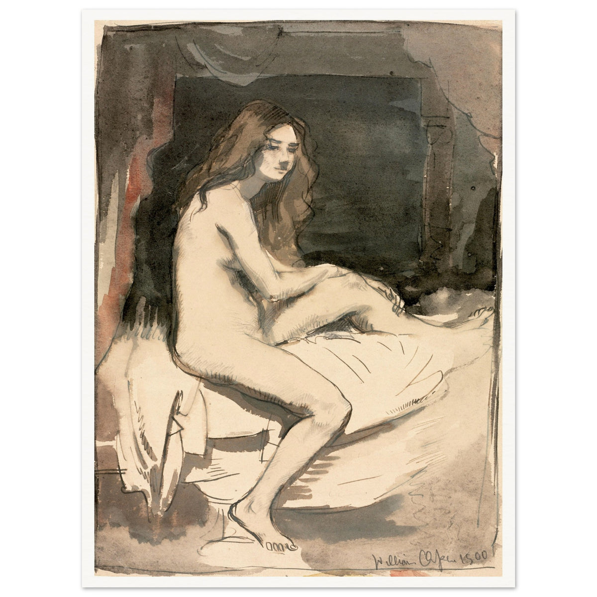 Seated female nude study by William Orpen, in a white frame, straight-on product view