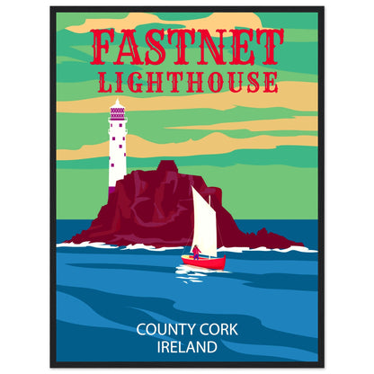 Fastnet Lighthouse County Cork Ireland Travel Retro Framed Art Print – framed print close-up | Buy Irish Art
