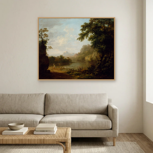 An Italianate Wooded River Landscape with Figures art print, framed and hung in a living room