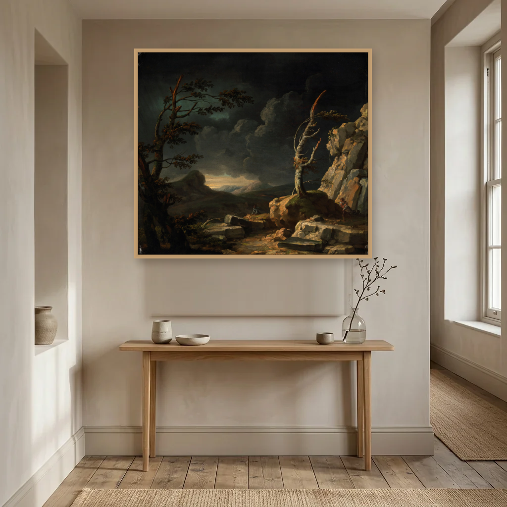 A Stormy Landscape art print, framed and hung in a hallway