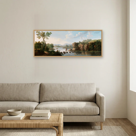 A Landscape with a Man Fording a Stream art print, framed and hung in a living room