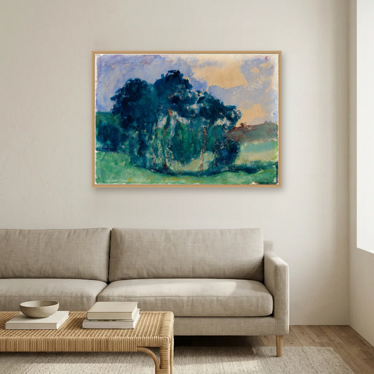 Clump of Trees, Rochefort-en-Terre art print, framed and hung in a living room