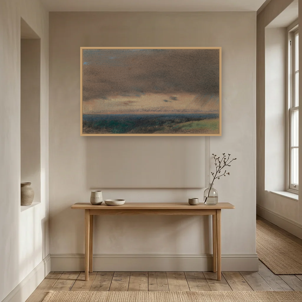 Stormy Clouds at Sunrise art print, framed and hung in a hallway