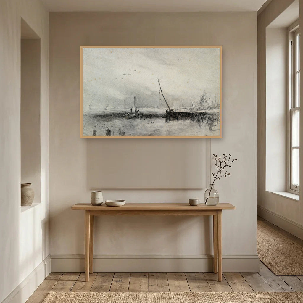Vessels in a Squall off the Coast art print, framed and hung in a hallway