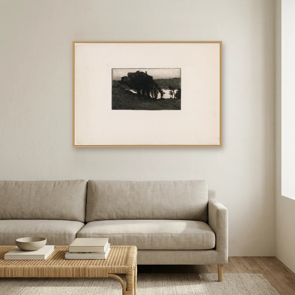 Landscape with Dark Trees and a River art print, framed and hung in a living room