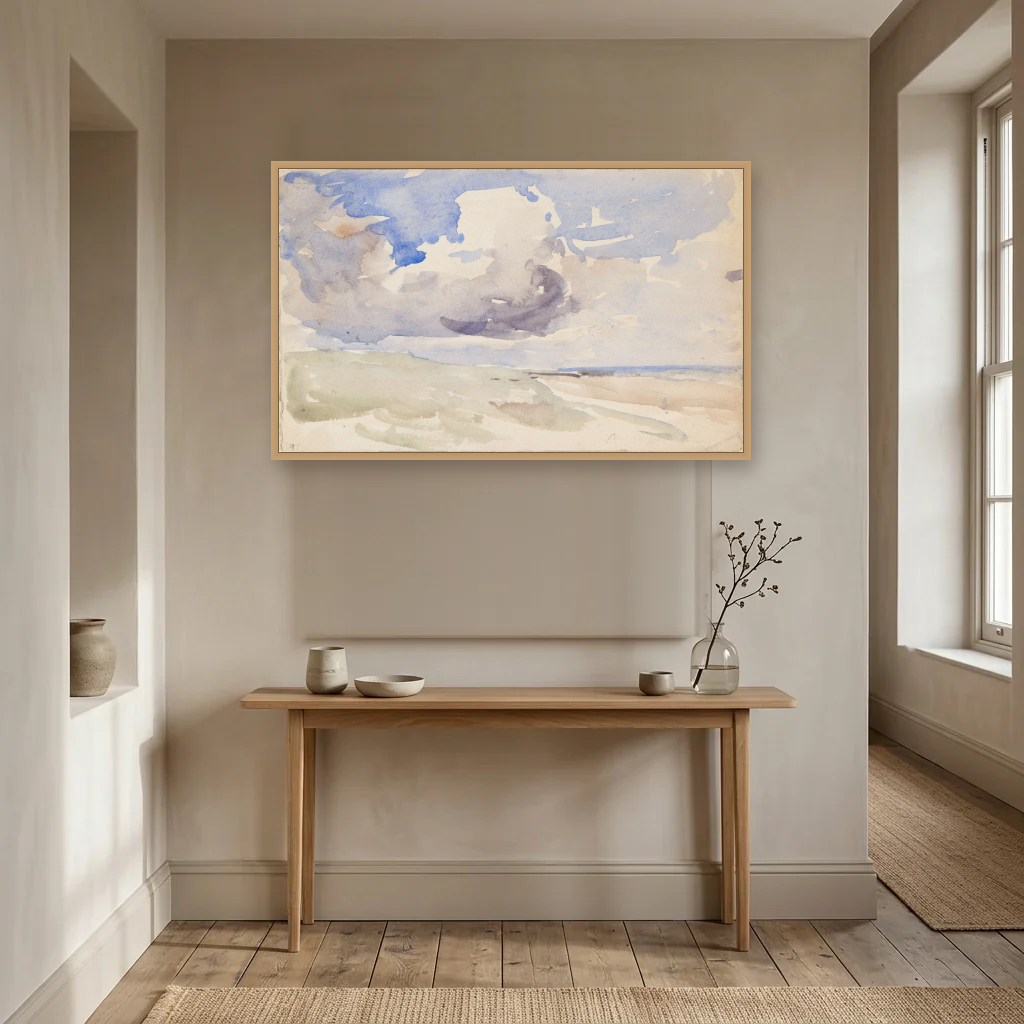 Low Clouds over a Beach art print, framed and hung in a hallway