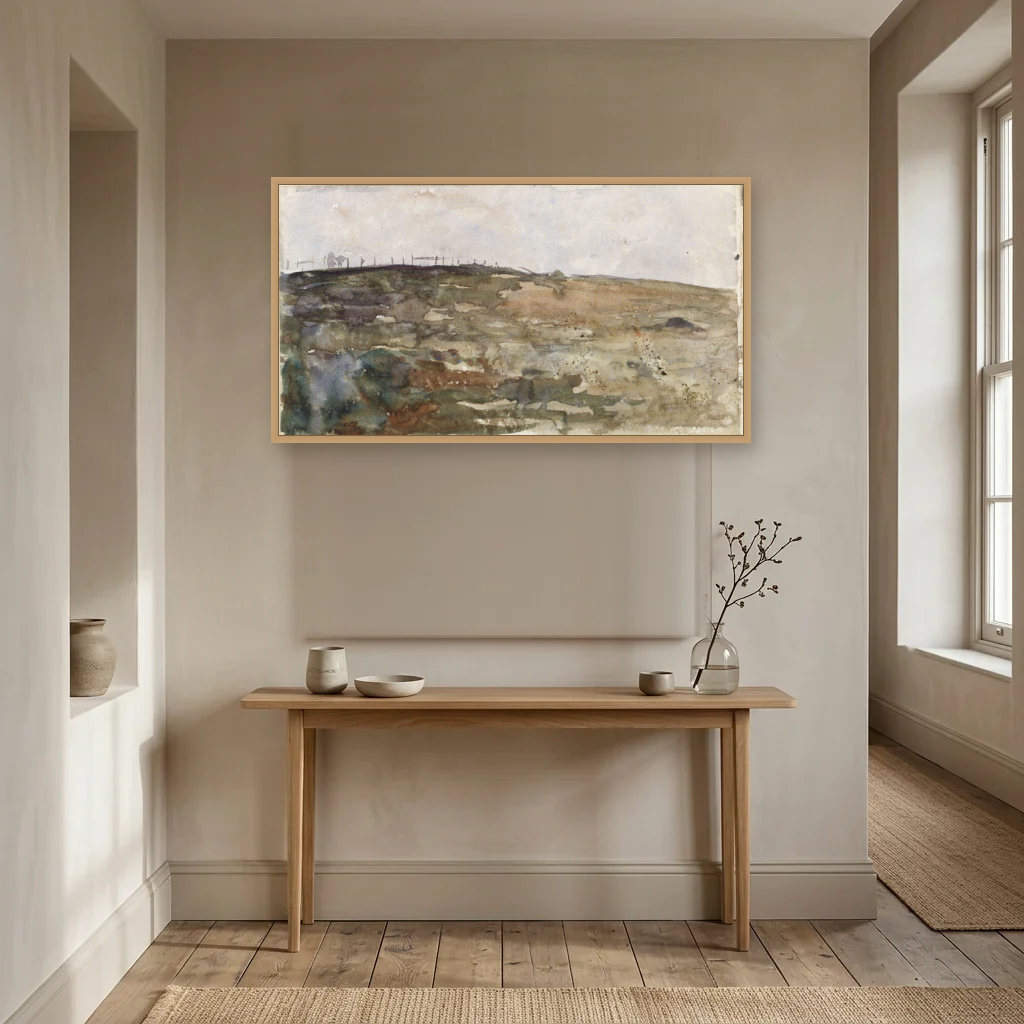 Hillside Heather art print, framed and hung in a hallway