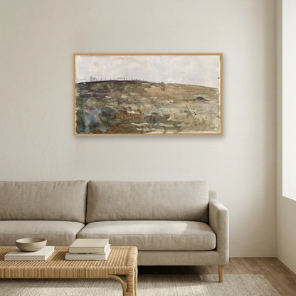 Hillside Heather art print, framed and hung in a living room