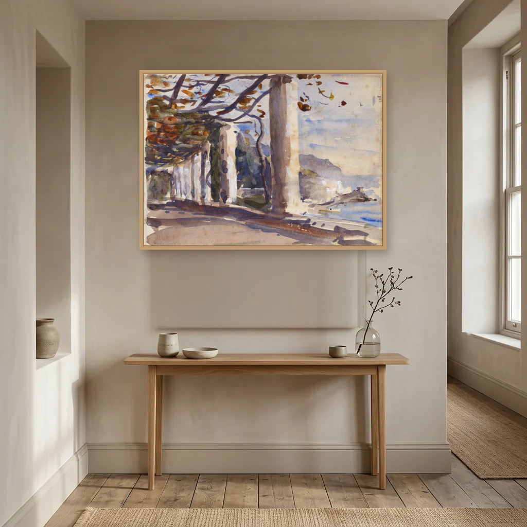 A Vine Pergola on Amalfi, Italy art print, framed and hung in a hallway