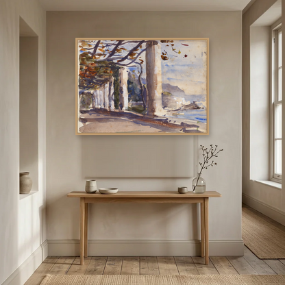 A Vine Pergola on Amalfi, Italy art print, framed and hung in a hallway