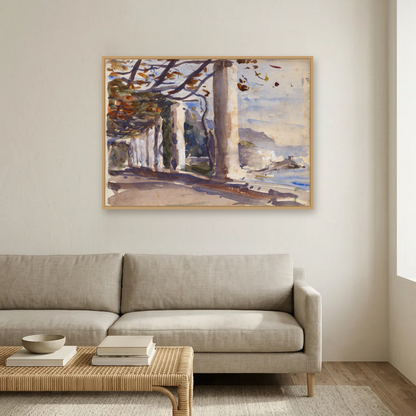 A Vine Pergola on Amalfi, Italy art print, framed and hung in a living room