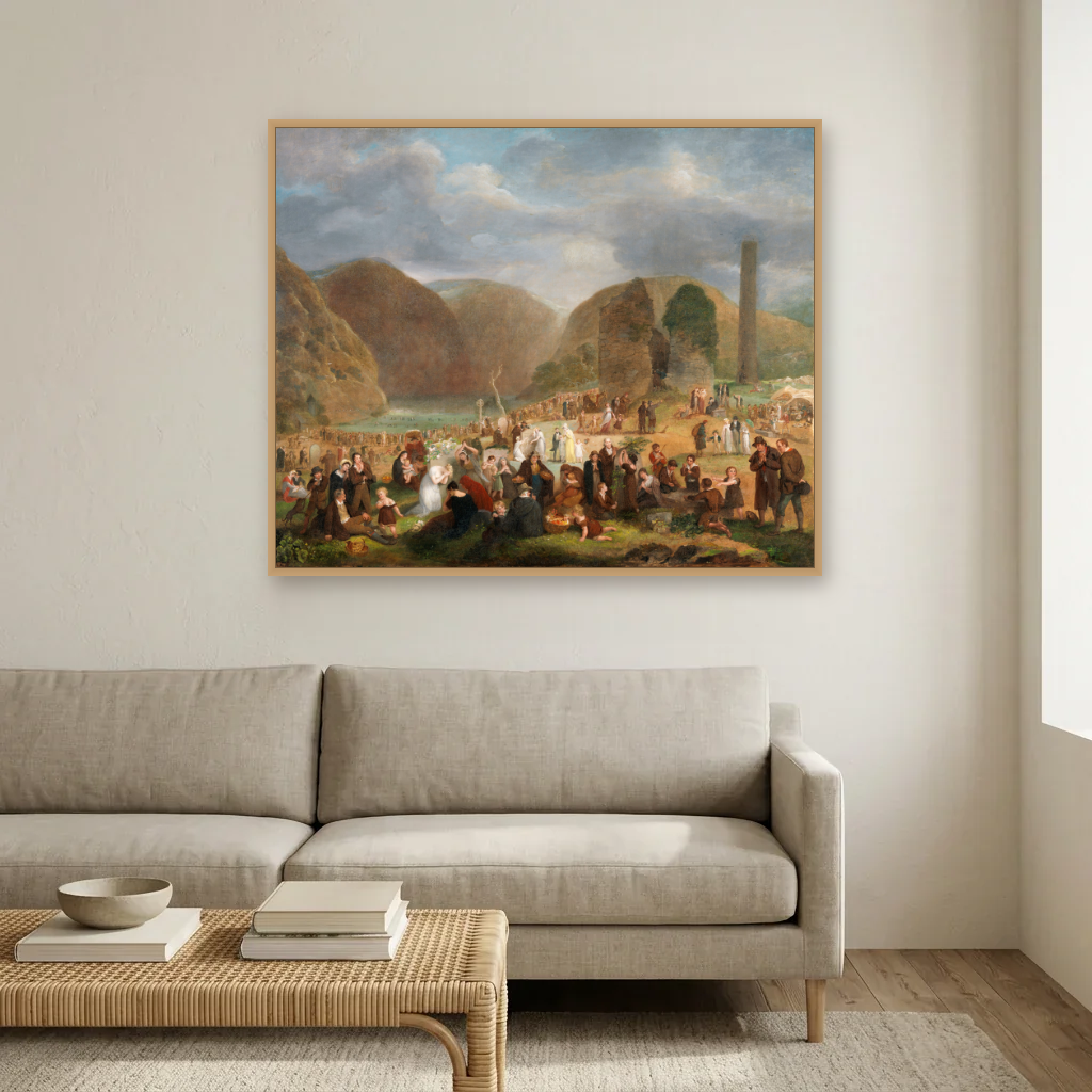 Patron's Day at the Seven Churches, Glendalough (c.1816) art print, framed and hung in a living room