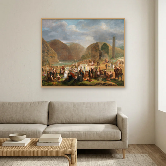 Patron's Day at the Seven Churches, Glendalough (c.1816) art print, framed and hung in a living room