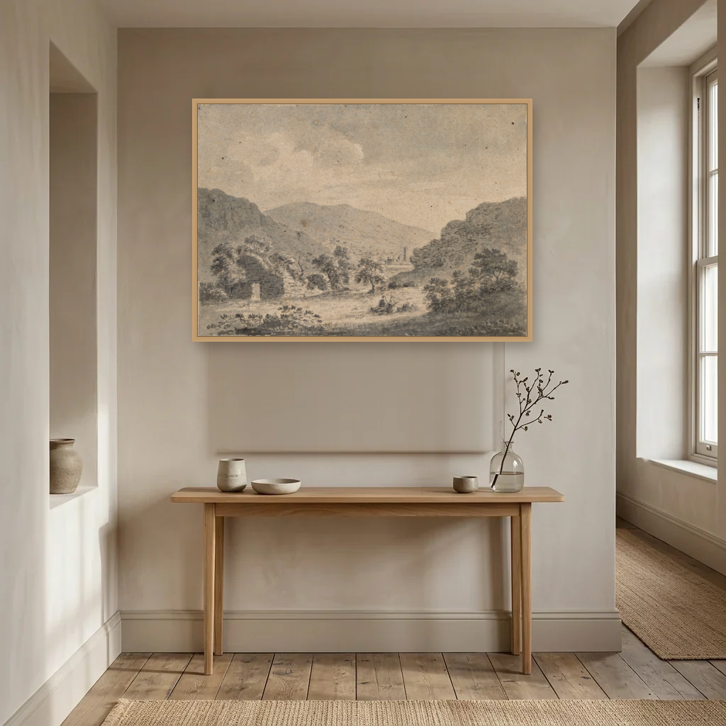 The Round Tower, Glendalough, from Temple-na-Skellig art print, framed and hung in a hallway
