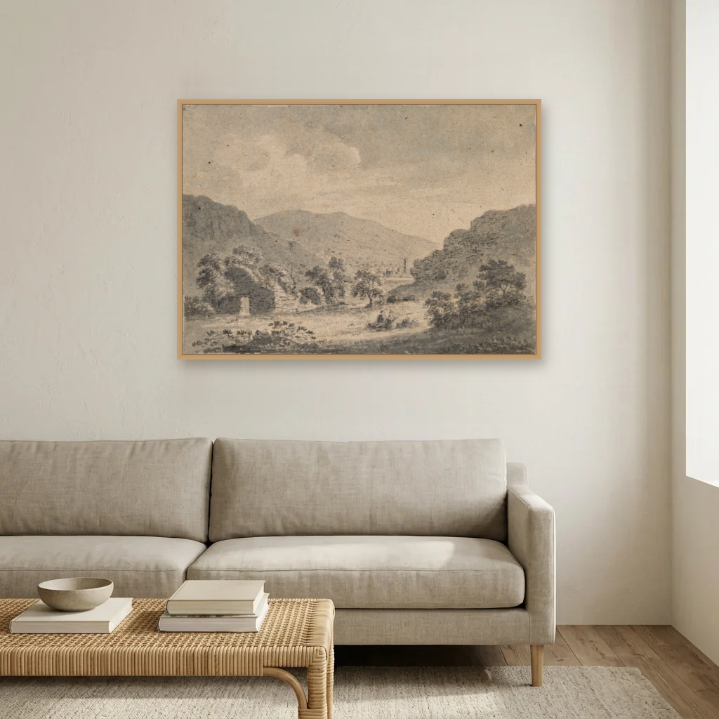 The Round Tower, Glendalough, from Temple-na-Skellig art print, framed and hung in a living room