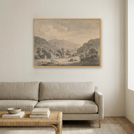 The Round Tower, Glendalough, from Temple-na-Skellig art print, framed and hung in a living room