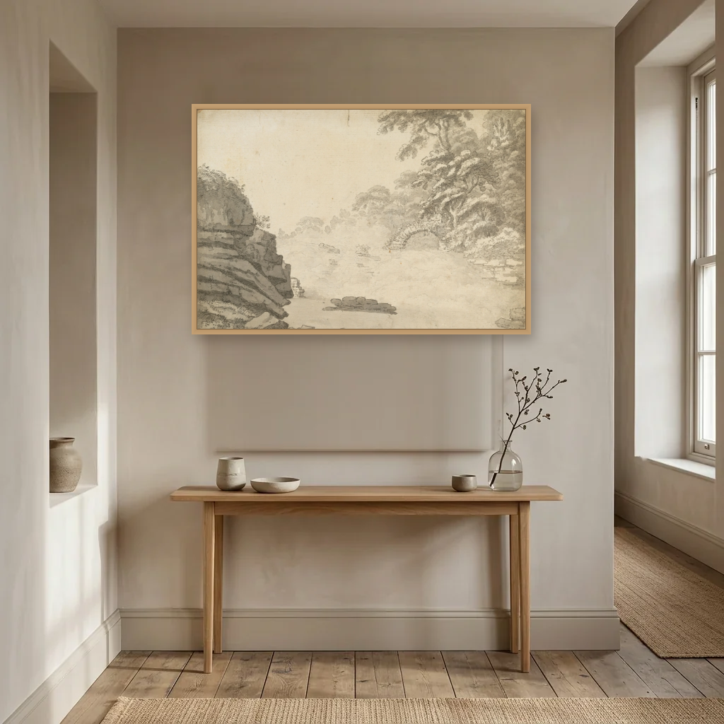 The Salmon Leap, Leixlip art print, framed and hung in a hallway