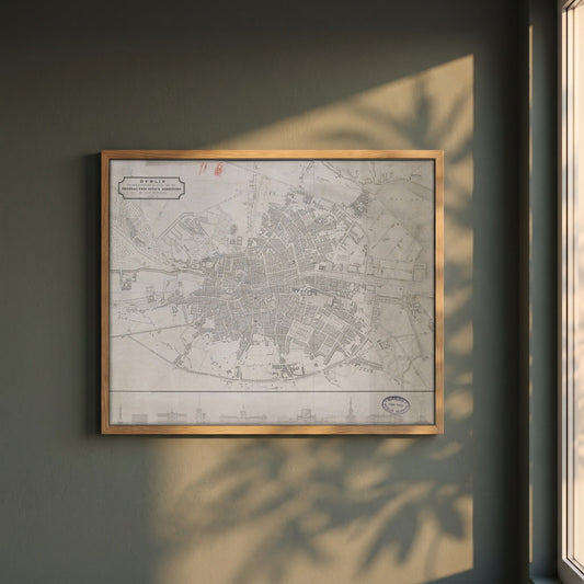 1830 Dublin Map by John Kirkwood framed print in a natural oak frame on a dark green wall beside a window, dappled plant shadow