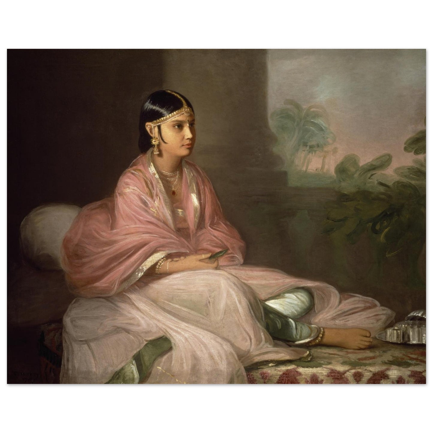 Unframed fine art print of Thomas Hickey’s An Indian Lady, perhaps Jemdanee, Bibi of William Hickey on archival paper Portrait of a woman in traditional indian attire with a scenic background