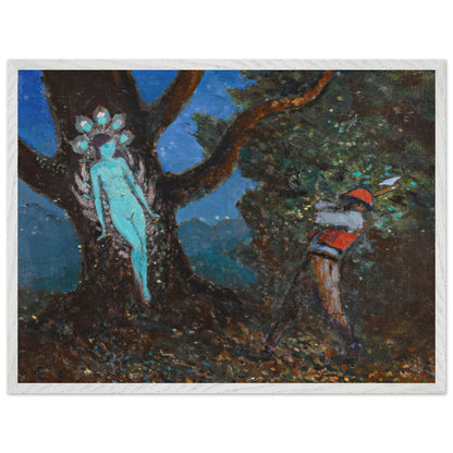 The Woodchopper and The Tree Spirit by George Russell (Æ) in a white frame, woodcutter in red by a tree