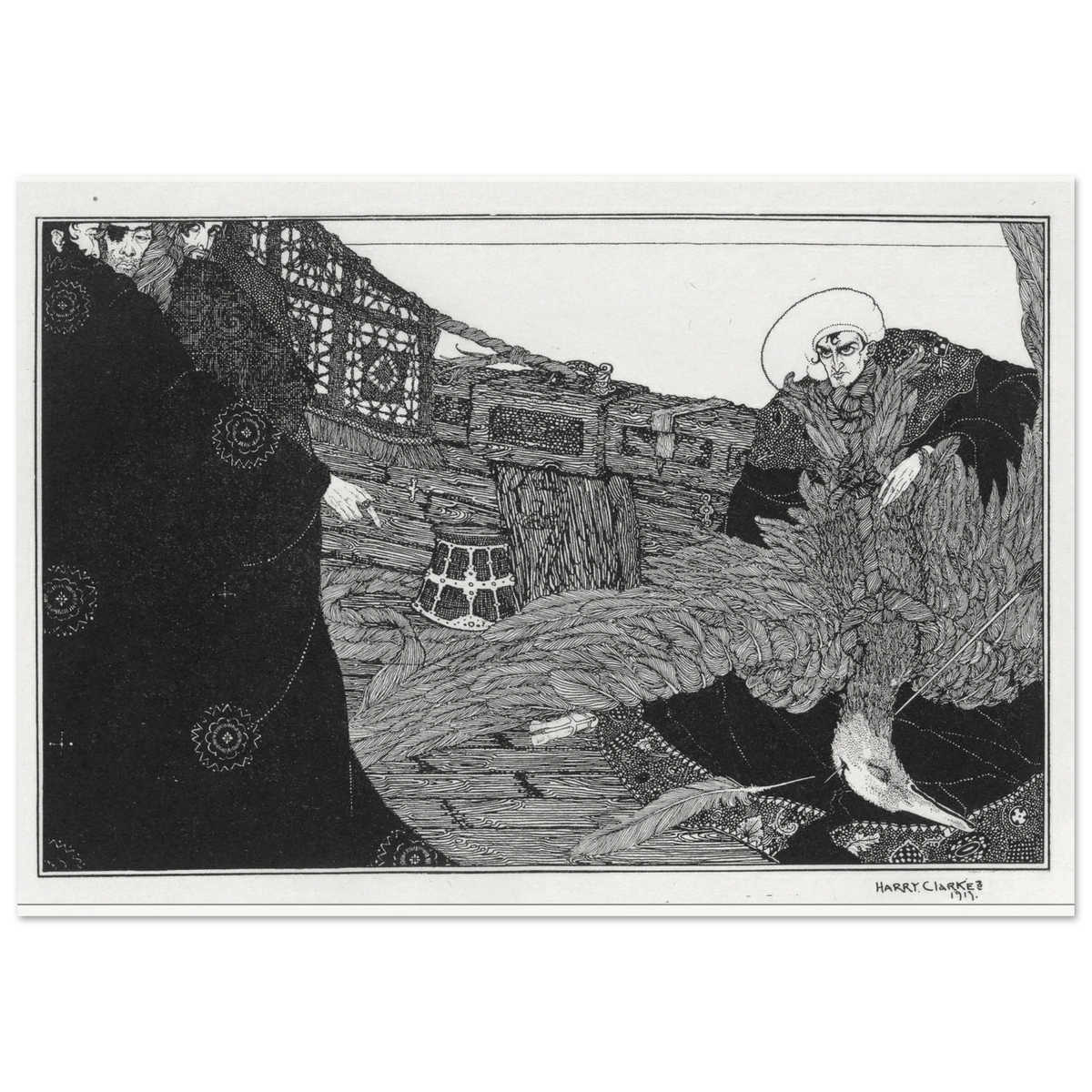 The Albatross Slain by Harry Clarke, black and white illustration for The Rime of the Ancient Mariner