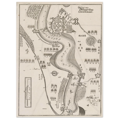 Aerial view of Derry under siege in 1689 with troop encampments lining the River Foyle