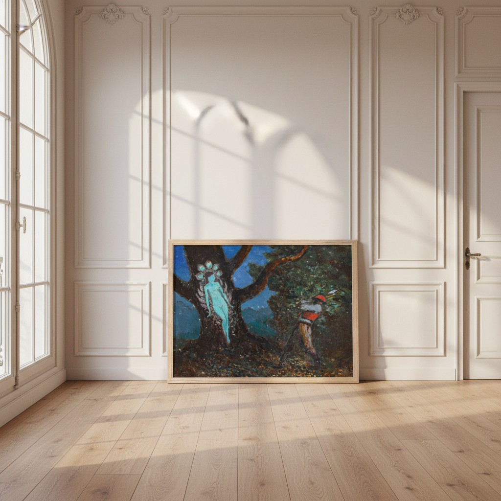 The Woodchopper and The Tree Spirit by George Russell (Æ) in an oak frame leaning in a panelled room on a wooden floor
