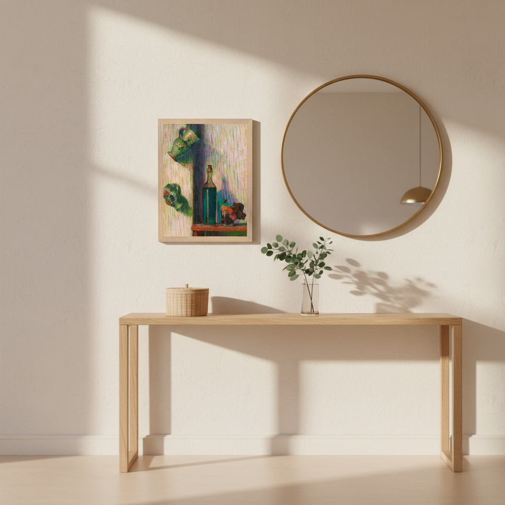 A minimalist hallway styled with neutral tones, a slim console table, round mirror, woven basket, and fresh greenery. The modernist art print hangs above the console. Clean, warm, inviting décor for women who appreciate simple but curated design.