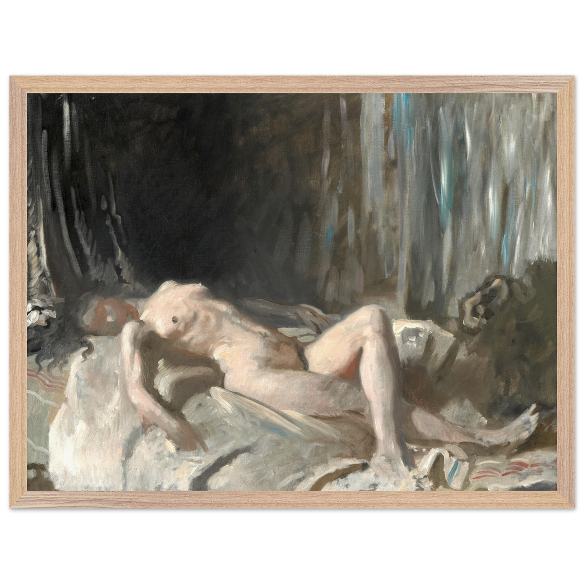 William Orpen reclining nude in a light oak frame on a white background
