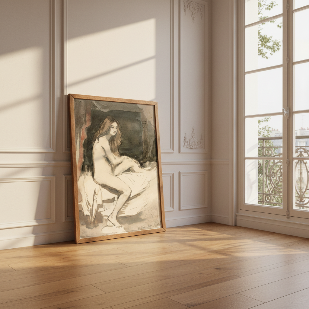 Seated female nude by William Orpen in a light oak frame leaning against a panelled wall by a tall window